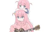 2girls bangs blue_eyes bocchi_the_rock! closed_mouth commentary_request cube_hair_ornament dress electric_guitar gibson_les_paul gotou_futari gotou_hitori guitar hair_between_eyes hair_ornament hair_over_eyes highres holding holding_instrument instrument jacket long_hair looking_down multiple_girls o_kudake one_side_up pink_hair pink_jacket sailor_dress short_hair short_sleeves siblings simple_background sisters track_jacket two_side_up white_background white_dress 