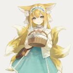  1girl absurdres animal_ears arknights bag bangs basket blonde_hair blue_dress blue_hairband cardigan cowboy_shot dress fox_ears fox_girl fox_tail frilled_hairband frills green_eyes hairband hands_up highres holding holding_basket kitsune light_blush long_sleeves looking_at_viewer multicolored_hair multiple_tails neck_ribbon open_cardigan open_clothes parted_lips puffy_long_sleeves puffy_sleeves red_ribbon ribbon shoulder_bag smile solo stitches suzuran_(arknights) suzuran_(spring_praise)_(arknights) tail white_background white_hair yellow_cardigan yoon_cook 