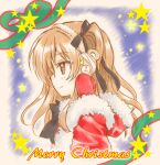  1girl bangs bear_hair_ornament black_bow black_ribbon boko_(girls_und_panzer) bow brown_eyes christmas closed_mouth coat commentary from_side fur-trimmed_coat fur_hairband fur_trim girls_und_panzer hair_ornament hair_ribbon hairband hood hood_down hooded_coat kuromori_yako light_brown_hair long_hair looking_to_the_side merry_christmas one_side_up red_coat red_mittens ribbon shimada_arisu smile solo star_(symbol) white_hairband 