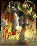  absurdres commentary_request dragon_gundam embers fighting_stance g_gundam green_eyes gundam highres leg_up mecha mobile_suit moyan no_humans procreate_(medium) robot science_fiction smoke solo sound_effects standing standing_on_one_leg super_robot v-fin 
