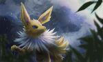  blue_eyes blurry closed_mouth commentary_request grass jolteon leg_up momomo12 no_humans outdoors pokemon pokemon_(creature) rain solo walking water_drop 