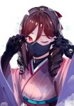  1girl absurdres bangs black_gloves bow brown_hair commentary_request drill_hair gloves hair_between_eyes hair_bow hands_up harukaze_(kancolle) highres japanese_clothes kantai_collection kimono long_hair long_sleeves looking_at_viewer mask mouth_mask obi one_eye_closed pink_kimono red_bow red_eyes sash simple_background solo twin_drills upper_body vi3r6ein white_background wide_sleeves 