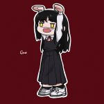  1girl absurdres arms_up black_dress black_hair black_socks chainsaw_man collared_shirt dress gna_(mtac8272) highres long_hair looking_to_the_side meme open_mouth pinafore_dress red_background sakana~_(meme) scar scar_on_face shirt simple_background socks solo white_footwear white_shirt yellow_eyes yoru_(chainsaw_man) 