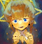 1girl bangs blue_background blue_dress blue_eyes blush braid brush_stroke collarbone crown_braid crying crying_with_eyes_open curly_hair dark_background dress fate/grand_order fate_(series) faux_traditional_media furrowed_brow hands_up hat light_blue_background looking_at_viewer multicolored_background open_mouth orange_hair painting_(medium) portrait reaching short_hair side_braid solo straw_hat swept_bangs tears van_gogh_(fate) viroa yellow_headwear