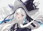 1girl :d absurdres arknights artist_request bangs black_headwear black_jacket commentary_request hair_between_eyes hat highres jacket long_hair looking_at_viewer red_eyes sharp_teeth shirt smile solo specter_(arknights) specter_the_unchained_(arknights) teeth white_hair white_shirt 