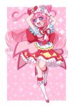  1girl 8041mm boots brooch choker cone_hair_bun cure_precious delicious_party_precure earrings full_body gloves hair_bun heart_brooch jewelry magical_girl nagomi_yui pink_choker pink_hair precure solo two_side_up violet_eyes white_footwear white_gloves 