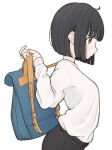  1girl 1ssakawaguchi ahoge arched_back backpack backpack_removed bag black_hair blue_eyes bob_cut from_side hand_up highres original profile short_hair solo standing sweater upper_body white_background 