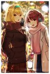  2girls :d bangs black_gloves black_shirt blonde_hair blue_hairband blue_skirt blurry blurry_background breath brown_eyes brown_jacket brown_scarf brown_skirt christmas christmas_tree coat commentary_request depth_of_field earmuffs fringe_trim gloves hairband hand_in_pocket hand_up highres jacket kyosuke1413koba long_hair long_sleeves looking_at_viewer multiple_girls mythra_(xenoblade) open_mouth pink_scarf plaid plaid_skirt pleated_skirt pyra_(xenoblade) red_eyes redhead scarf shirt skirt smile very_long_hair white_coat xenoblade_chronicles_(series) xenoblade_chronicles_2 