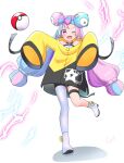  1girl bow-shaped_hair character_hair_ornament grey_pantyhose hair_ornament hexagon_print highres iono_(pokemon) jacket long_hair low-tied_long_hair multicolored_hair oversized_clothes pantyhose poke_ball poke_ball_(basic) pokemon pokemon_(game) pokemon_sv sharp_teeth single_leg_pantyhose sleeves_past_fingers sleeves_past_wrists solo split-color_hair teeth thigh-highs twintails very_long_sleeves x yellow_jacket yrge8743 