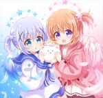  2girls :d angora_rabbit animal araki495 blue_eyes blue_flower blue_hair blue_sailor_collar blush brown_hair chestnut_mouth coat commentary_request dress feathered_wings flower gochuumon_wa_usagi_desu_ka? hair_flower hair_ornament halo highres holding holding_animal hood hood_down hooded_coat hoto_cocoa kafuu_chino long_sleeves multiple_girls one_side_up open_clothes open_coat pink_coat pink_flower pleated_dress puffy_long_sleeves puffy_sleeves rabbit sailor_collar smile tippy_(gochiusa) violet_eyes white_dress white_sailor_collar white_wings wings yellow_flower 