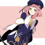  1girl beret black_jacket bow_(weapon) closed_mouth copyright_request hat holding holding_bow_(weapon) holding_weapon jacket long_sleeves looking_at_viewer medium_hair oto_nagi pink_background pink_hair smile solo two-tone_background upper_body weapon white_background yellow_eyes 