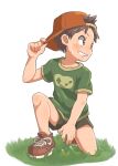  1boy backwards_hat baseball_cap brown_footwear commentary commentary_request grass green_shirt hat highres kneeling looking_to_the_side male_child male_focus original shirt short_sleeves shorts simple_background smile sweat teeth tjugemu white_background 