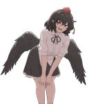  1girl bird_wings black_hair black_skirt black_wings breasts collared_shirt cowboy_shot english_commentary feathered_wings frilled_skirt frills happy hat highres leaning_forward looking_at_viewer mata_(matasoup) medium_breasts medium_hair open_mouth puffy_short_sleeves puffy_sleeves red_eyes red_headwear shameimaru_aya shirt short_sleeves skirt solo tassel tokin_hat touhou white_shirt wings 