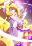  1girl absurdres bangs blonde_hair blue_eyes blunt_bangs bow commentary cure_finale delicious_party_precure dress high_ponytail highres kasai_amane long_hair magical_girl precure sidelocks smile solo tiara white_bow white_dress zerolay 