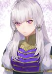  1girl bangs blunt_bangs closed_mouth commentary dress fire_emblem fire_emblem:_three_houses fire_emblem_warriors:_three_hopes gold_trim hair_intakes isa_(peien516) long_hair looking_at_viewer lysithea_von_ordelia multicolored_clothes multicolored_dress official_alternate_costume official_alternate_hairstyle pink_eyes puffy_sleeves purple_dress solo white_dress white_hair 