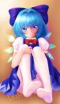  1girl bangs blue_dress blue_eyes blue_hair bow bowtie cirno dress hair_bow highres ice ice_wings no_shoes pantyhose puffy_short_sleeves puffy_sleeves red_bow red_bowtie short_sleeves signature sitting skullchimes smile solo touhou white_pantyhose wings 
