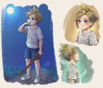  1boy absurdres blonde_hair blue_eyes blue_shorts blush bruise cloud_strife final_fantasy final_fantasy_vii final_fantasy_vii_remake full_moon grass highres holding holding_sword holding_weapon injury male_child male_focus michelle_kristolia moon multiple_views night night_sky shirt shoes shorts signature sky solo spiky_hair standing star_(sky) starry_sky sword weapon white_footwear white_shirt wooden_sword 