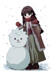  1girl alluka_zoldyck bangs black_eyes black_hair gloves hair_ornament hairband highres hunter_x_hunter japanese_clothes kasukasugom1 long_hair long_sleeves multi-tied_hair open_mouth red_gloves red_scarf scarf smile snow snowman solo 