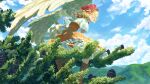  1girl absurdres bird_wings blonde_hair blue_sky capelet clouds day dress feathered_wings highres kajatony mountainous_horizon multicolored_hair niwatari_kutaka orange_dress outdoors redhead short_hair sitting_on_branch sky solo touhou two-tone_hair white_capelet wings 