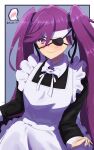  1girl akirahong_1130 bangs black_ribbon bleach bleach:_the_thousand-year_blood_war blush embarrassed eyepatch hair_between_eyes highres long_hair looking_at_viewer maid purple_hair ribbon saitou_furoufushi shinigami simple_background solo sweat twintails violet_eyes 