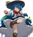  1girl :d ahoge black_headwear blue_hair blue_skirt boots bow bowtie brown_footwear buttons center_frills frilled_skirt frills hinanawi_tenshi leaf long_hair long_sleeves looking_at_viewer open_mouth red_bow red_bowtie red_eyes simple_background skirt smile solo touhou uisu_(noguchipint) v-shaped_eyebrows white_background 