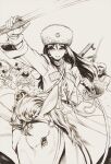  1girl army character_request fur_hat girls_und_panzer greyscale hat holding holding_sword holding_weapon horseback_riding katana long_hair looking_at_viewer military military_uniform monochrome parted_lips riding sabaku_chitai solo_focus sword traditional_media uniform ushanka weapon 
