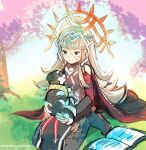  1girl animal artist_name bangs black_dress blunt_bangs book cape dog dragalia_lost dress fire_emblem fire_emblem_heroes frayed-symphony grass hair_ornament holding holding_animal holding_dog outdoors red_cape seiza sitting tree veronica_(fire_emblem) white_hair 