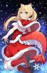  1girl absurdres animal_ears bangs blonde_hair blush breasts capelet cat_ears darjeeling_(reley) dress ebiko_(vtuber) from_behind fur_trim hair_between_eyes highres indie_virtual_youtuber large_breasts long_hair looking_at_viewer open_mouth ponytail red_capelet santa_costume santa_dress second-party_source snowflakes solo tail virtual_youtuber yellow_eyes 