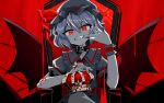  1girl 5cmremilia ambiguous_red_liquid barbed_wire bat_wings black_collar collar collared_shirt crown fangs finger_in_own_mouth frilled_shirt_collar frilled_sleeves frills hair_between_eyes hat hat_ribbon highres holding holding_crown king_(vocaloid) limited_palette mob_cap puffy_short_sleeves puffy_sleeves red_background red_eyes red_ribbon red_theme remilia_scarlet ribbon shirt short_hair short_sleeves sitting slit_pupils throne touhou wings wrist_cuffs 