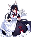  1girl alternate_costume animal_ears apron bangs black_dress black_hair breasts creamer_(vessel) cup dress enmaided expressionless feet_out_of_frame frilled_apron frills gloves hair_ornament hairpin highres holding holding_tray hololive long_hair maid maid_apron maid_headdress medium_breasts multicolored_hair necktie ninsaki_(9saki) ookami_mio ponytail red_necktie redhead side_ponytail sidelocks simple_background spiky_hair streaked_hair tea_set teacup teapot tray very_long_hair virtual_youtuber white_apron white_background white_gloves wide_ponytail wolf_ears wolf_girl 