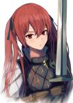  1girl bangs black_ribbon brown_gloves closed_mouth fire_emblem fire_emblem_fates frown gloves hair_between_eyes hair_ribbon highres holding holding_sword holding_weapon labebebe_lee long_hair red_eyes redhead ribbon selena_(fire_emblem_fates) simple_background solo sword twintails upper_body weapon white_background 