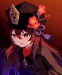  1girl :p absurdres arms_behind_back bangs bluerabbit_gap brown_hair chinese_clothes commentary_request flower genshin_impact hair_between_eyes hat hat_flower hat_ornament highres hu_tao_(genshin_impact) leaning_forward long_hair long_sleeves looking_at_viewer porkpie_hat red_eyes sidelocks simple_background smile solo symbol-shaped_pupils tongue tongue_out twintails 