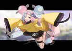 1girl bow-shaped_hair character_hair_ornament grey_pantyhose hair_ornament highres iono_(pokemon) jacket long_hair low-tied_long_hair multicolored_hair no-kan oversized_clothes pantyhose pokemon pokemon_(game) pokemon_sv sharp_teeth single_leg_pantyhose sleeves_past_fingers sleeves_past_wrists solo split-color_hair teeth twintails very_long_sleeves x yellow_jacket