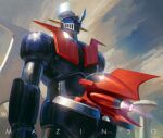  aircraft anniversary clouds flying fmu highres mazinger_(series) mazinger_z mazinger_z_(mecha) mecha no_humans pilder robot science_fiction sky solo super_robot thrusters 