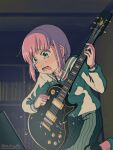  1girl absurdres blue_eyes blush bocchi_the_rock! crying crying_with_eyes_open electric_guitar gibson_les_paul gotou_hitori guitar hair_between_eyes highres holding holding_instrument indoors instrument long_sleeves music neckerchief open_mouth pappet3104518 pink_hair playing_instrument sailor_collar school_uniform serafuku sitting skirt solo streaming_tears tears 
