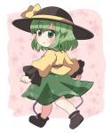  1girl black_background black_headwear closed_mouth full_body green_eyes green_hair green_skirt hat hat_ribbon highres komeiji_koishi long_sleeves looking_at_viewer ribbon rokugou_daisuke shirt skirt smile solo third_eye touhou walking white_background yellow_ribbon yellow_shirt 