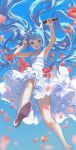  1girl :d arm_up bangs bare_arms bare_shoulders blue_eyes blue_hair blue_sky chinese_commentary choker collarbone commentary_request day dress falling_flower falling_petals floating_hair flower foot_out_of_frame hair_ribbon hand_up hatsune_miku hei_yu highres holding holding_microphone jumping long_hair looking_at_viewer microphone midair open_mouth outdoors petals pink_flower pink_rose ribbon rose shoes sky smile solo strapless strapless_dress sundress teeth twintails upper_teeth vocaloid white_choker white_dress white_footwear wind 