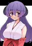  1girl :3 breasts closed_mouth hakama hanyuu highres higurashi_no_naku_koro_ni horns japanese_clothes large_breasts letterboxed long28 long_hair looking_at_viewer miko purple_hair red_hakama smile solo upper_body violet_eyes white_background 