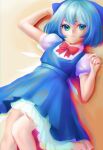  1girl absurdres blue_dress blue_eyes blue_hair bow bowtie chromatic_aberration cirno dress hair_bow highres ice ice_wings lying on_back puffy_short_sleeves puffy_sleeves red_bow red_bowtie short_sleeves skullchimes smile solo touhou wings 