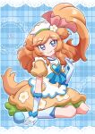  1girl absurdres animal_ears blue_eyes blue_gloves brooch delicious_party_precure dog_ears dog_girl dog_tail elbow_gloves gloves hair_ornament heart_brooch highres jewelry magical_girl one_side_up orange_hair pam-pam_(precure) pam-pam_(precure)_(human) precure smile solo tail zerolay 