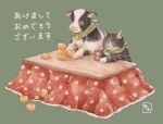  animal_focus bell cat cow cowbell food fruit kotatsu mandarin_orange mirin_(mirin_4) no_humans orange_(fruit) original scarf sitting table translation_request 