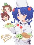  3girls ;) absurdres alternate_costume animal_ears apron blue_eyes blue_hair bow brown_eyes brown_hair chef_hat chibi cucumber food from_above futatsuiwa_mamizou green_headwear hair_bobbles hair_ornament hair_tubes hakurei_reimu hat highres kawashiro_nitori leaf leaf_on_head mouth_hold mugi_(mugimugi_9kv) multiple_girls one_eye_closed plate raccoon_ears simple_background smile solo_focus touhou white_background 