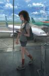  1girl aircraft airplane airport backpack bag black_hair cellphone day highres jewelry medium_hair necklace original phone red_socks runway shirt shoes short_shorts shorts sky smartphone sneakers socks solo t-shirt tokunaga_akimasa walking watch watch window 