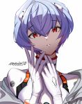  1girl ayanami_rei bangs blue_hair bodysuit coat eyebrows_hidden_by_hair gloves hair_between_eyes hair_ornament hairclip highres johnappleshow looking_at_viewer neon_genesis_evangelion open_clothes open_mouth red_eyes short_hair simple_background solo upper_body white_background white_gloves 