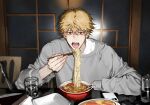  1boy blonde_hair chainsaw_man chopsticks denji_(chainsaw_man) food glass grey_sweater highres holding holding_chopsticks imminent_bite knife looking_at_viewer msal_peace noodles open_mouth phone red_eyes sharp_teeth short_hair solo spiky_hair sweater teeth tongue tongue_out 