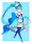  1girl 8041mm blue_bow blue_hair blue_pantyhose bow cure_spicy delicious_party_precure elbow_gloves full_body fuwa_kokone gloves green_eyes hair_bow huge_bow long_hair magical_girl pantyhose precure puffy_short_sleeves puffy_sleeves short_sleeves side_ponytail solo 