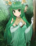  1girl animal_ear_fluff animal_ears antler_ornament antlers breasts commentary_request deer_ears dress elbow_gloves flower gloves green_dress green_eyes green_hair hair_flower hair_ornament haruka_karibu highres kuronosu_(yamada1230) long_hair looking_at_viewer medium_breasts open_mouth reindeer_antlers reindeer_girl tree virtual_youtuber vshojo white_gloves 