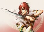  1boy artist_name bangs brown_gloves buttons closed_mouth fingerless_gloves gloves green_eyes high_collar highres holding holding_sword holding_weapon jacket looking_at_viewer luke_fon_fabre male_focus michelle_kristolia redhead short_hair short_sleeves signature smile solo sword tales_of_(series) tales_of_the_abyss upper_body weapon white_jacket 