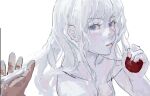  1boy androgynous ashashio bangs behelit berserk blue_eyes curly_hair eyelashes griffith_(berserk) hair_between_eyes highres holding holding_jewelry jewelry long_hair looking_at_viewer male_focus necklace open_mouth parted_lips pov pov_hands wavy_hair white_background white_hair 