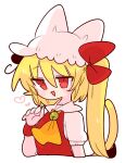  1girl animal_ears ascot back_bow bell blonde_hair bow cat_ears cat_girl cat_tail collared_shirt commentary crystal fang flandre_scarlet frilled_shirt_collar frilled_sleeves frills hat hat_ribbon highres jingle_bell medium_hair mob_cap one_side_up op_na_yarou puffy_short_sleeves puffy_sleeves red_eyes red_ribbon red_vest ribbon shirt short_sleeves simple_background slit_pupils solo tail touhou vest white_background white_headwear white_shirt wings wrist_cuffs yellow_ascot 